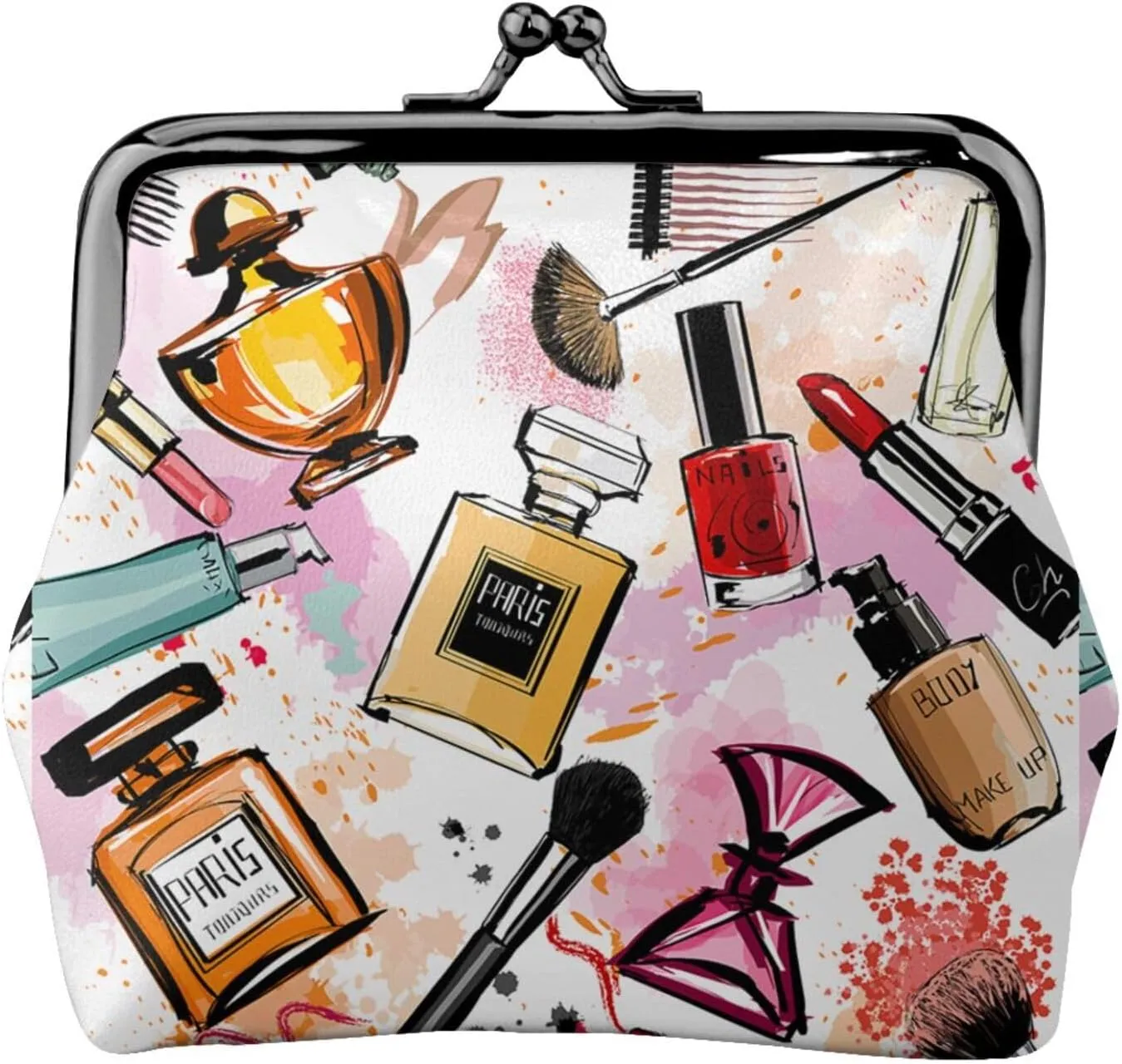 Leather Bag For Women Kiss Lock Wallet Retro Coin Purse Coin Organizer Purse, Vintage Style (Modern Lady Cosmetic Perfume Lipstick)