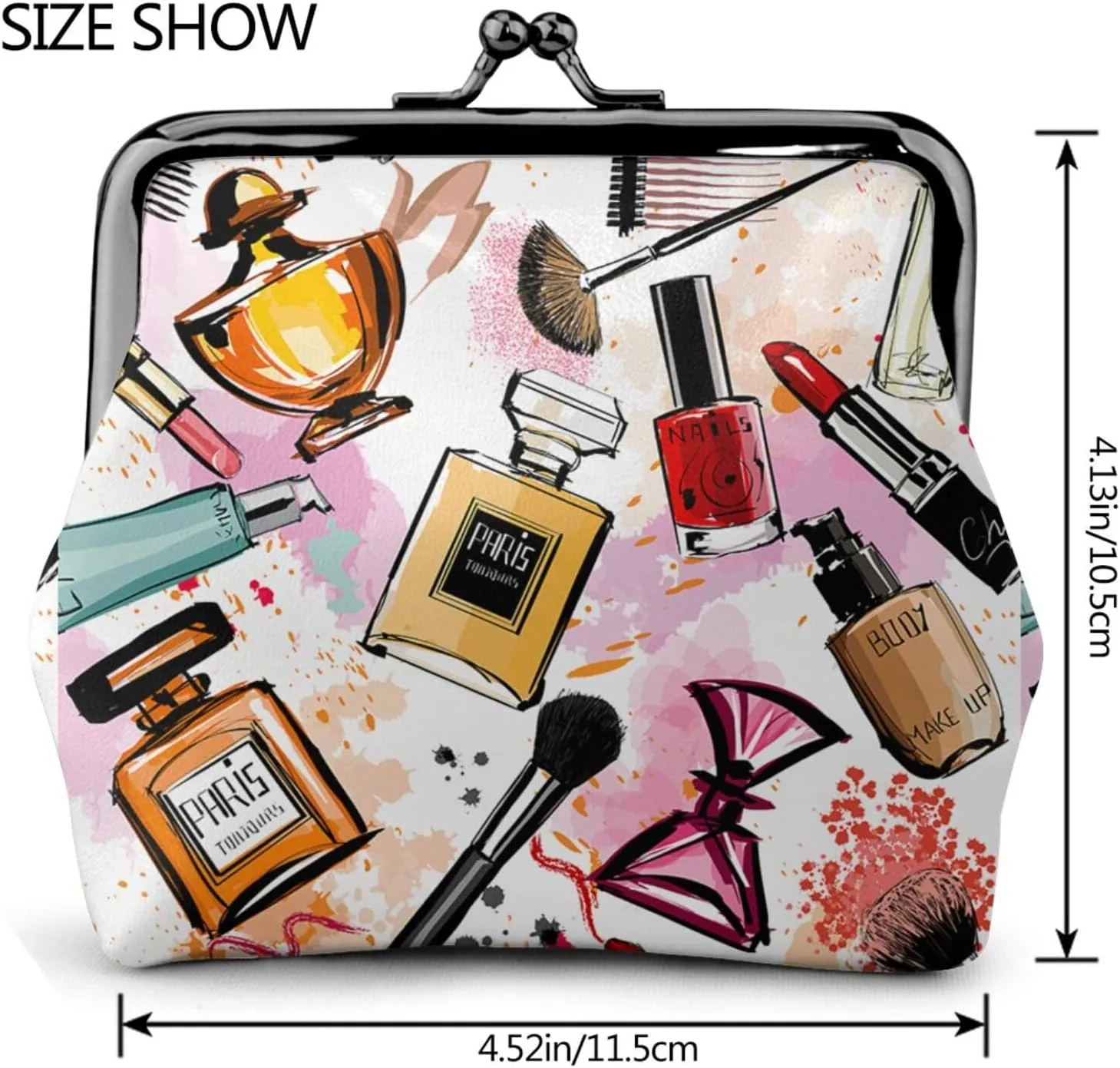 Leather Bag For Women Kiss Lock Wallet Retro Coin Purse Coin Organizer Purse, Vintage Style (Modern Lady Cosmetic Perfume Lipstick)