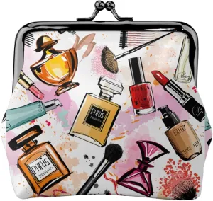 Leather Bag For Women Kiss Lock Wallet Retro Coin Purse Coin Organizer Purse, Vintage Style (Modern Lady Cosmetic Perfume Lipstick)
