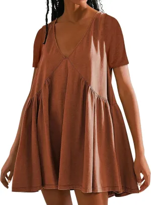LEMONONSTORE Womens Boho Summer Dresses Y2K Babydoll Flowy Dress Ruffle Mini Dress Deep V-Neck Casual Solid Baggy Sundress