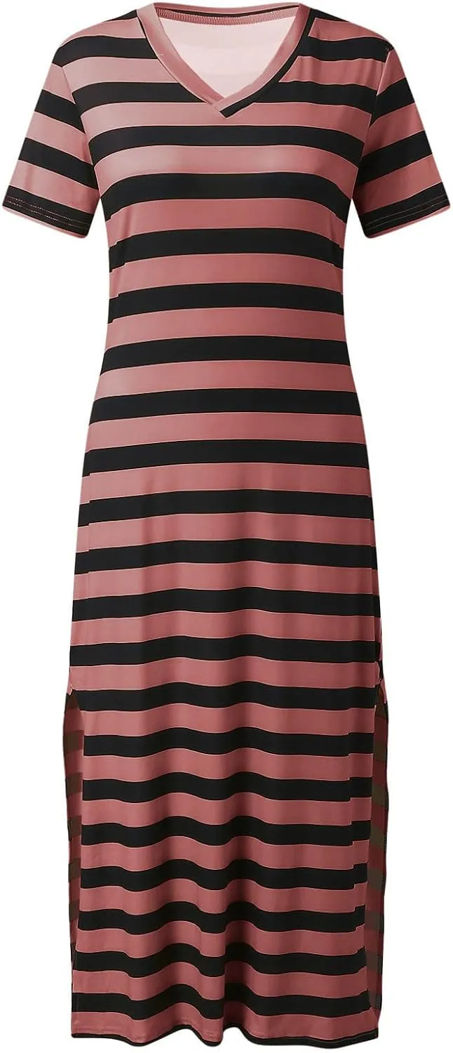 LFEOOST Women's 2024 Summer Maxi Dresses Short Sleeve V Neck Stripe Sundress Side Slit Loose Casual Long Beach T Shirt Dress