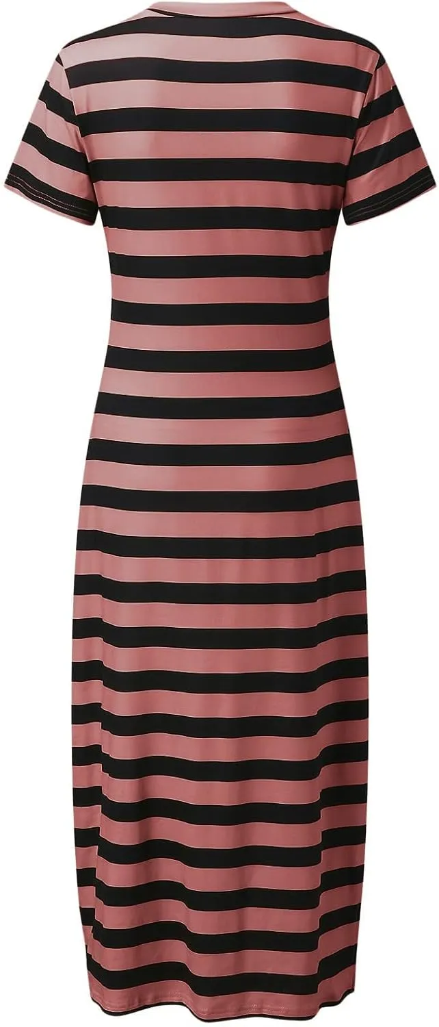LFEOOST Women's 2024 Summer Maxi Dresses Short Sleeve V Neck Stripe Sundress Side Slit Loose Casual Long Beach T Shirt Dress