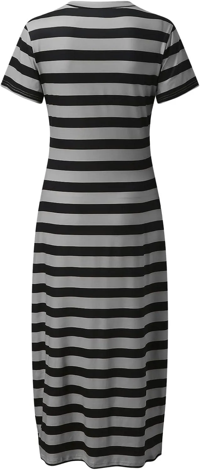 LFEOOST Women's 2024 Summer Maxi Dresses Short Sleeve V Neck Stripe Sundress Side Slit Loose Casual Long Beach T Shirt Dress