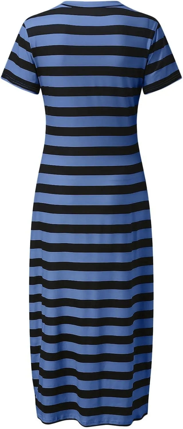LFEOOST Women's 2024 Summer Maxi Dresses Short Sleeve V Neck Stripe Sundress Side Slit Loose Casual Long Beach T Shirt Dress