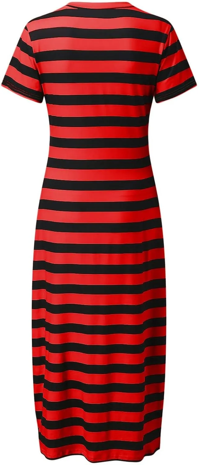 LFEOOST Women's 2024 Summer Maxi Dresses Short Sleeve V Neck Stripe Sundress Side Slit Loose Casual Long Beach T Shirt Dress