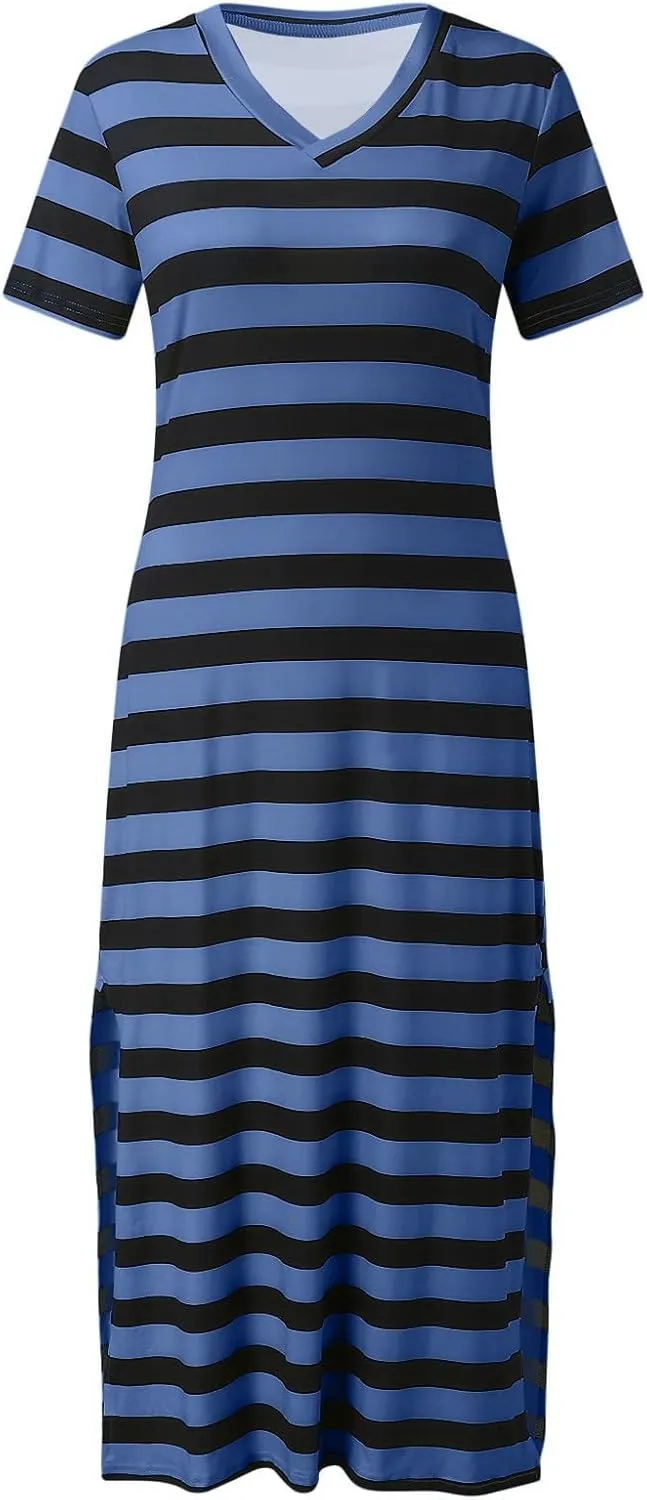 LFEOOST Women's 2024 Summer Maxi Dresses Short Sleeve V Neck Stripe Sundress Side Slit Loose Casual Long Beach T Shirt Dress