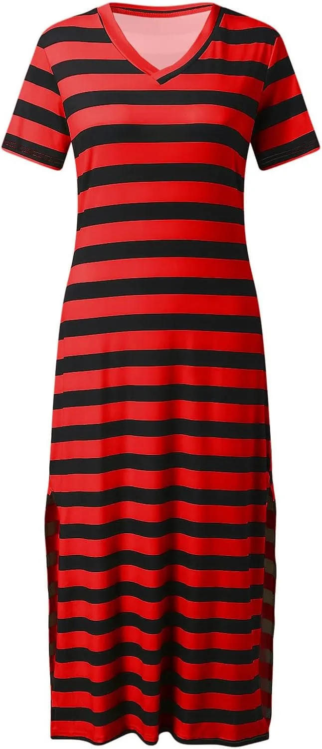 LFEOOST Women's 2024 Summer Maxi Dresses Short Sleeve V Neck Stripe Sundress Side Slit Loose Casual Long Beach T Shirt Dress