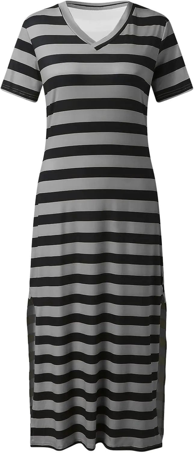 LFEOOST Women's 2024 Summer Maxi Dresses Short Sleeve V Neck Stripe Sundress Side Slit Loose Casual Long Beach T Shirt Dress