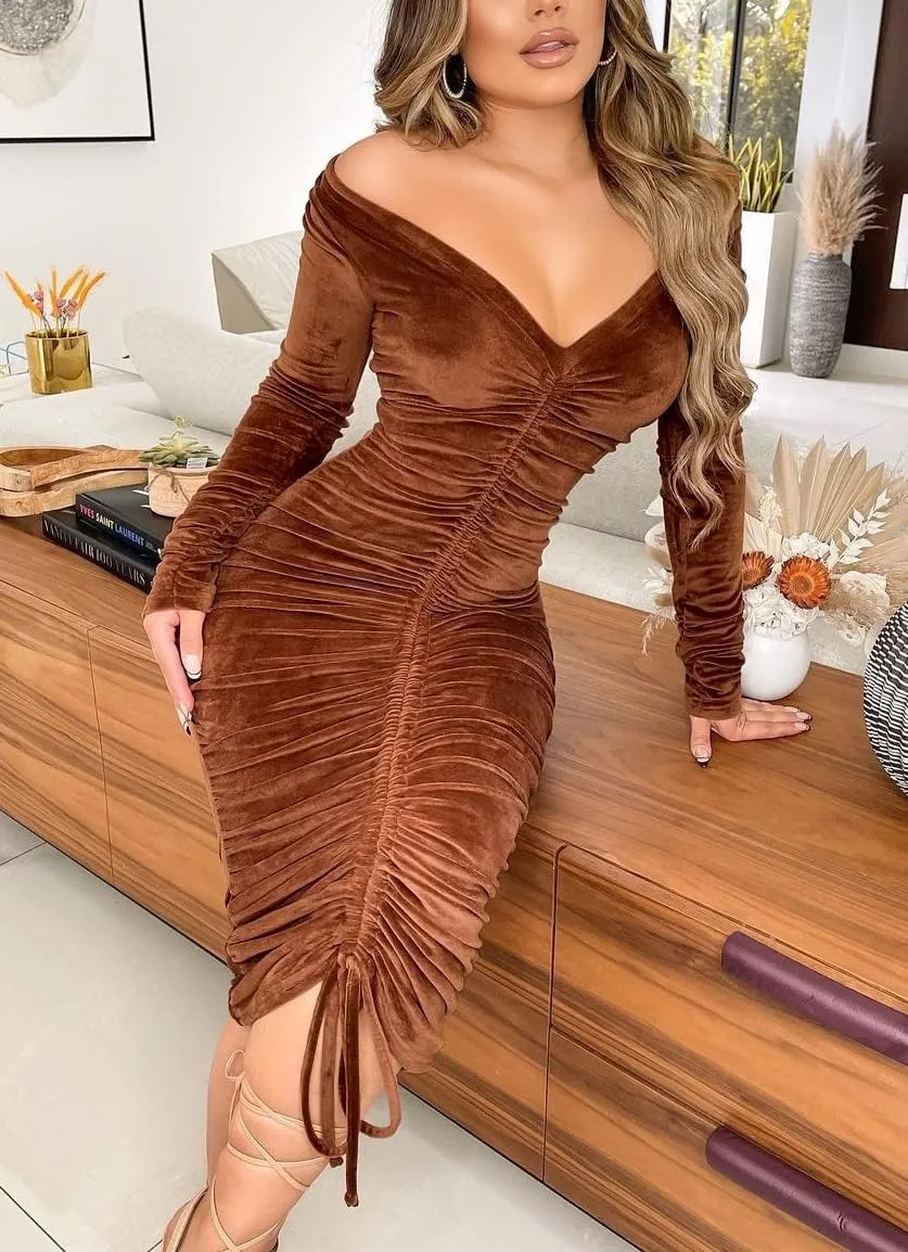 Long Sleeve Velvet Dress for Women Sexy Velour Off The Shoulder Ruched Plus Size Cocktail Bodycon Midi Dresses