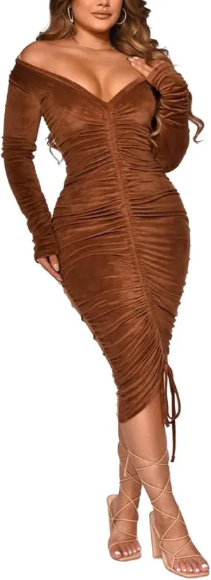 Long Sleeve Velvet Dress for Women Sexy Velour Off The Shoulder Ruched Plus Size Cocktail Bodycon Midi Dresses