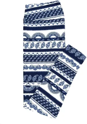 Lularoe Tall Curvy (TC fits Sizes 12-18) Paisley Ornate Stripe Mandala Blue White Buttery Soft Adult Leggings