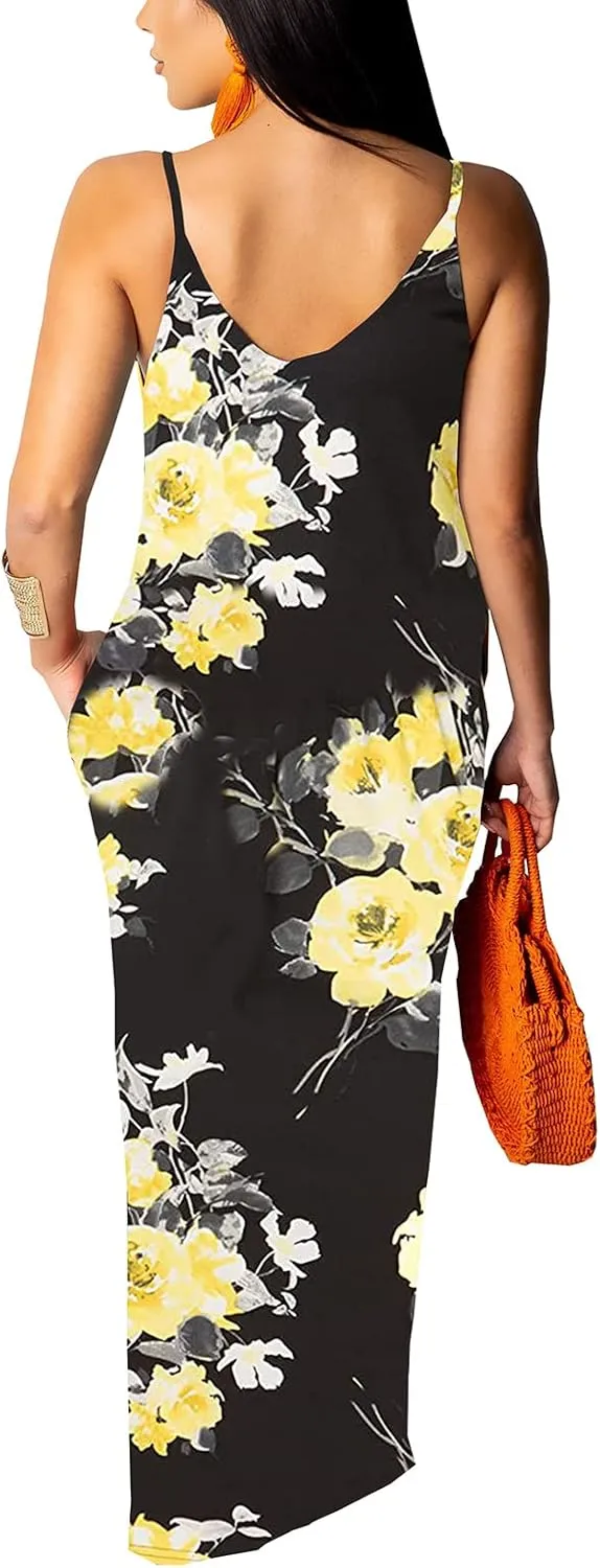 Maxi Dress for Women 2025 Plus Size Summer Casual Sexy Floral Sleeveless Vacation Long Sundresses with Pockets