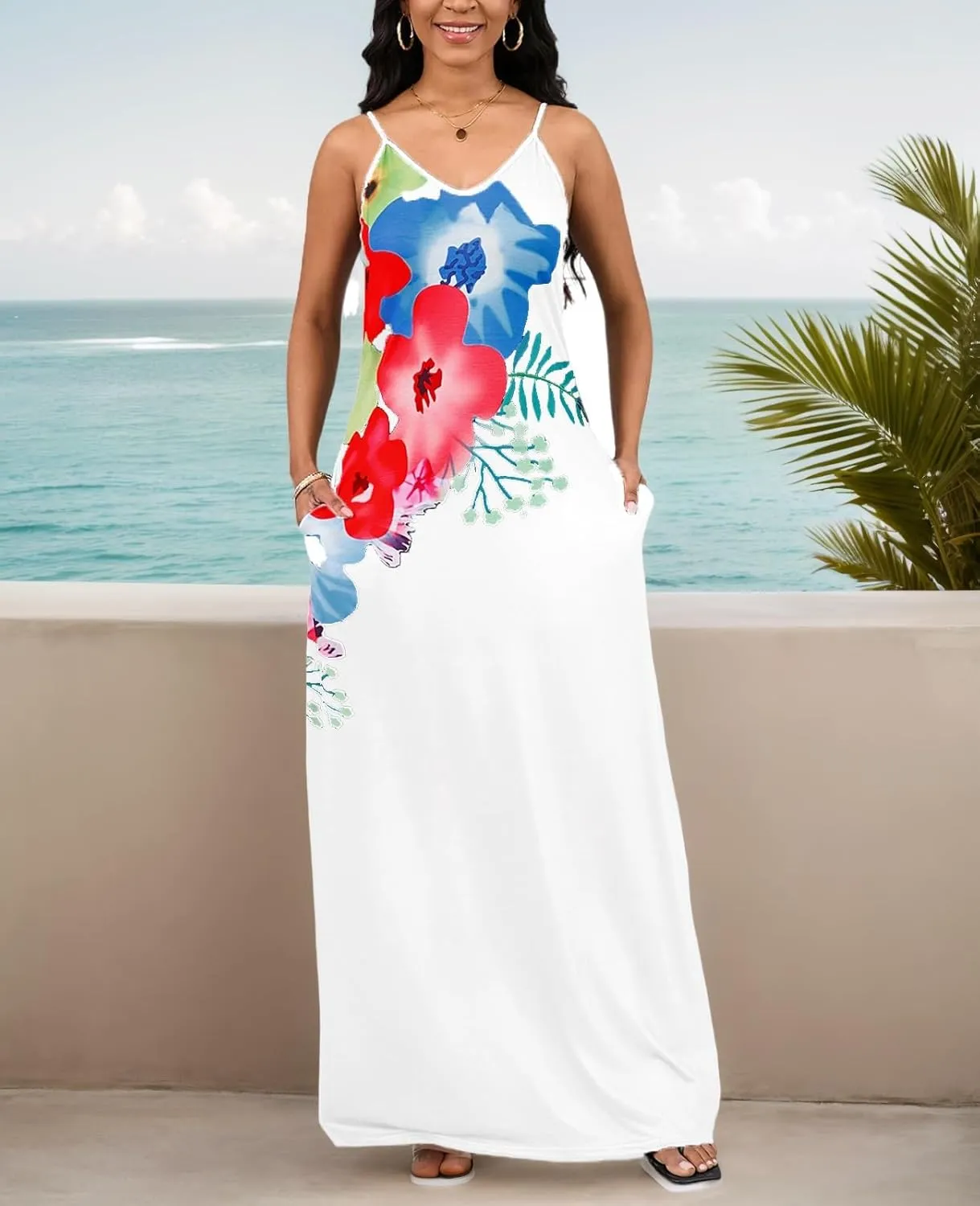 Maxi Dress for Women 2025 Plus Size Summer Casual Sexy Floral Sleeveless Vacation Long Sundresses with Pockets