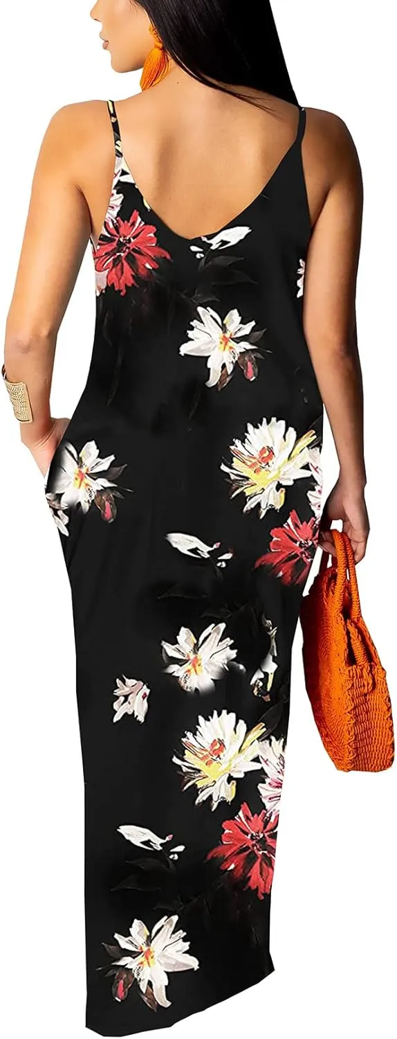 Maxi Dress for Women 2025 Plus Size Summer Casual Sexy Floral Sleeveless Vacation Long Sundresses with Pockets