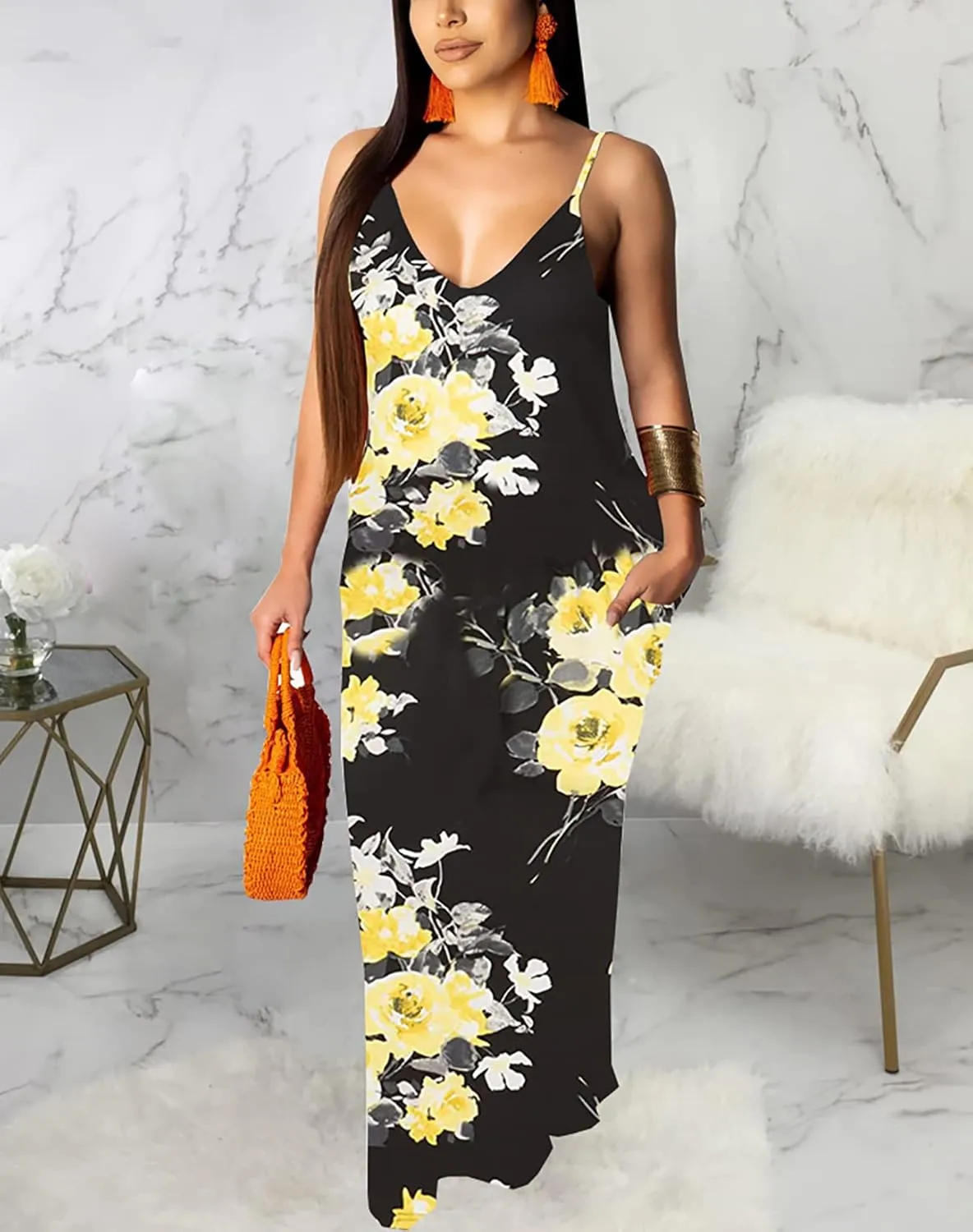 Maxi Dress for Women 2025 Plus Size Summer Casual Sexy Floral Sleeveless Vacation Long Sundresses with Pockets