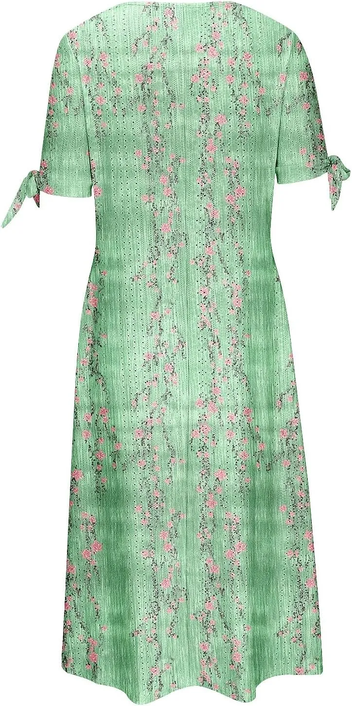 Maxi Dresses for Women 2025 Trendy Short Sleeve Eyelet Dress v Neck Floral Printed Dresses Summer Beach Dress