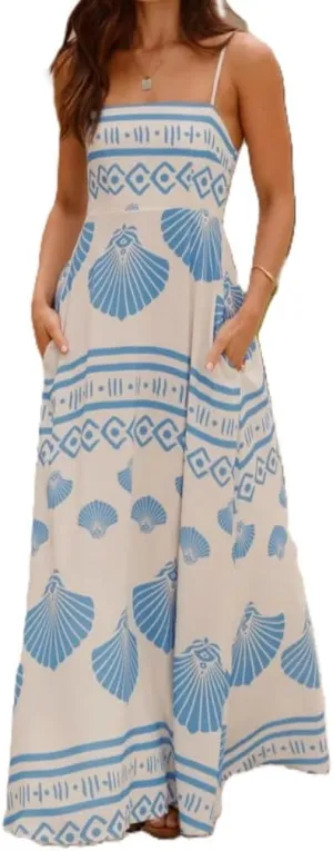 Melliflo Womens Printed Boho Maxi Dress Sleeveless Spaghetti Straps A Line Long Dress Summer Beach Vacation Swing Sundress