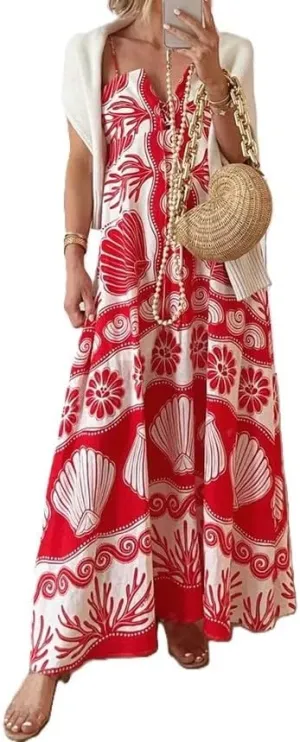 Melliflo Womens Printed Boho Maxi Dress Sleeveless Spaghetti Straps A Line Long Dress Summer Beach Vacation Swing Sundress