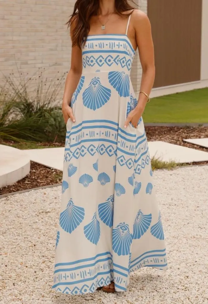 Melliflo Womens Printed Boho Maxi Dress Sleeveless Spaghetti Straps A Line Long Dress Summer Beach Vacation Swing Sundress