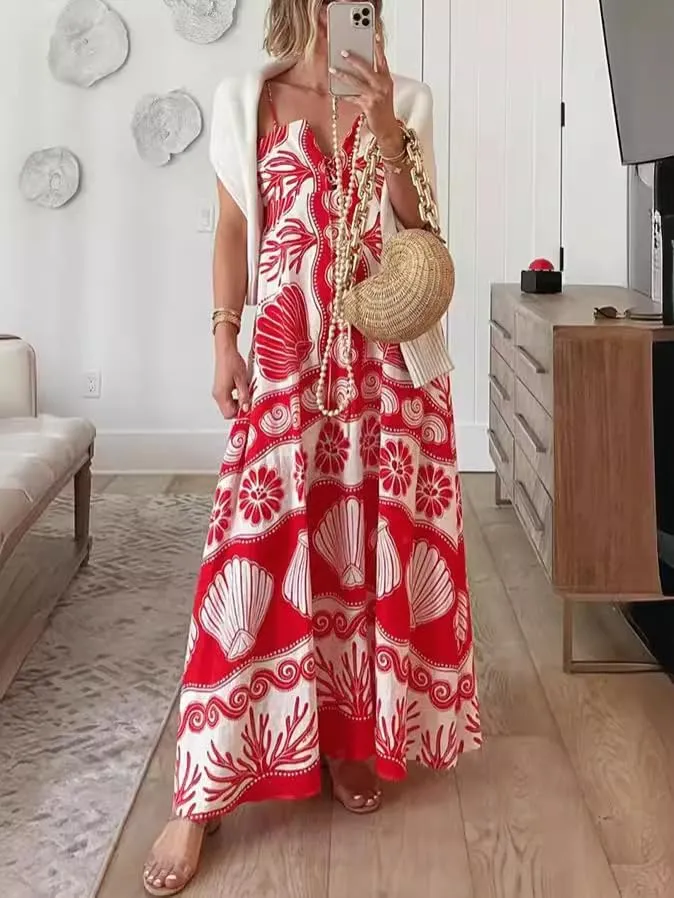 Melliflo Womens Printed Boho Maxi Dress Sleeveless Spaghetti Straps A Line Long Dress Summer Beach Vacation Swing Sundress
