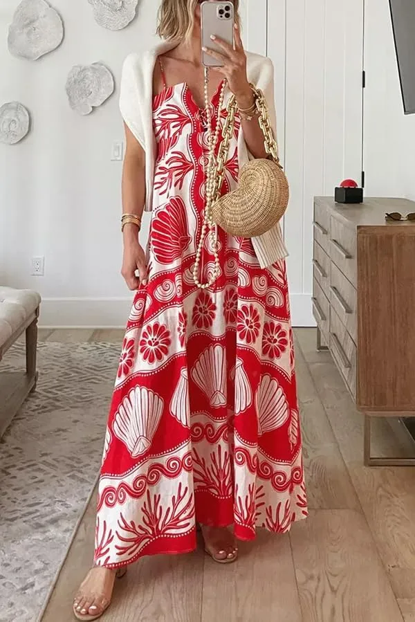 Melliflo Womens Printed Boho Maxi Dress Sleeveless Spaghetti Straps A Line Long Dress Summer Beach Vacation Swing Sundress