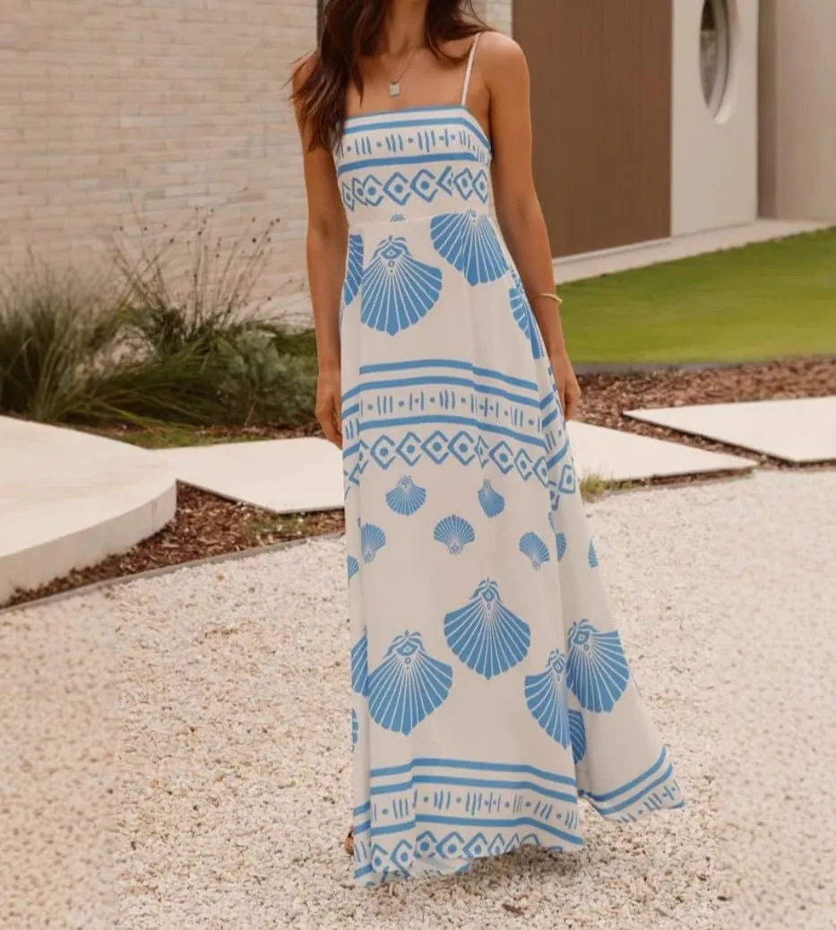 Melliflo Womens Printed Boho Maxi Dress Sleeveless Spaghetti Straps A Line Long Dress Summer Beach Vacation Swing Sundress