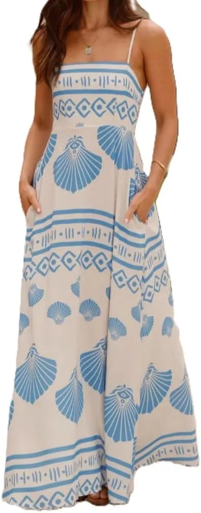 Melliflo Womens Printed Boho Maxi Dress Sleeveless Spaghetti Straps A Line Long Dress Summer Beach Vacation Swing Sundress