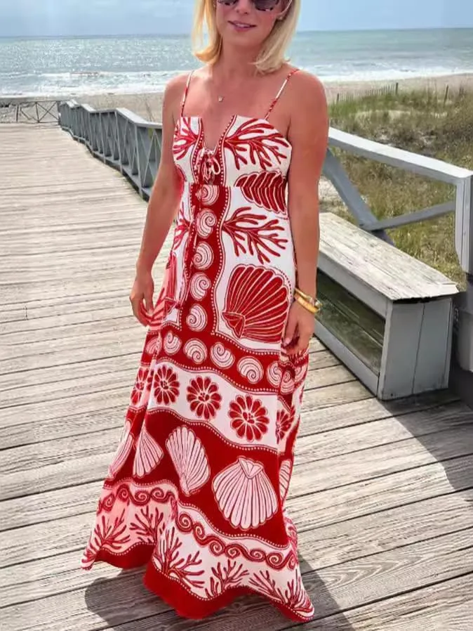 Melliflo Womens Printed Boho Maxi Dress Sleeveless Spaghetti Straps A Line Long Dress Summer Beach Vacation Swing Sundress