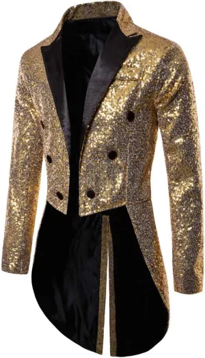 Mens Sequin Tuxedo Tailcoat Swallowtail Suit Jacket Dinner Party Wedding Blazer Slim Fit Show Tux Dress Coat