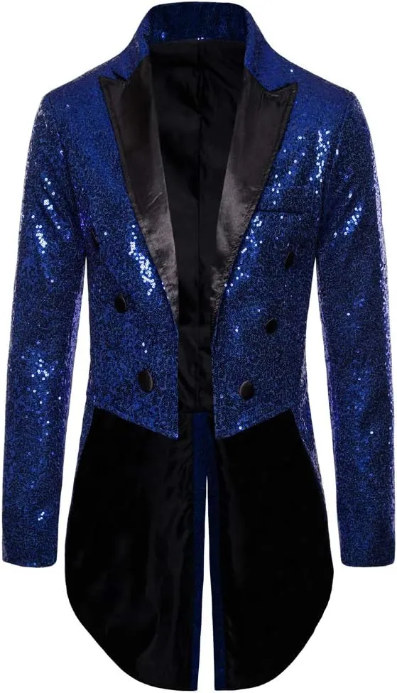 Mens Sequin Tuxedo Tailcoat Swallowtail Suit Jacket Dinner Party Wedding Blazer Slim Fit Show Tux Dress Coat
