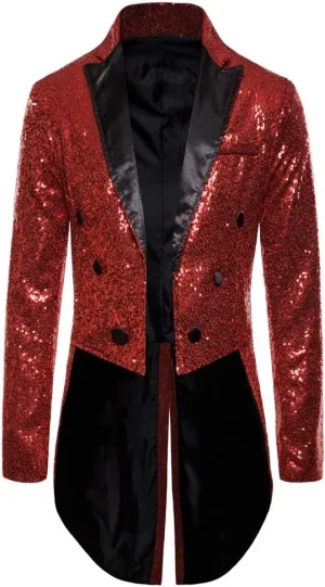 Mens Sequin Tuxedo Tailcoat Swallowtail Suit Jacket Dinner Party Wedding Blazer Slim Fit Show Tux Dress Coat