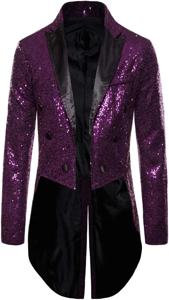 Mens Sequin Tuxedo Tailcoat Swallowtail Suit Jacket Dinner Party Wedding Blazer Slim Fit Show Tux Dress Coat