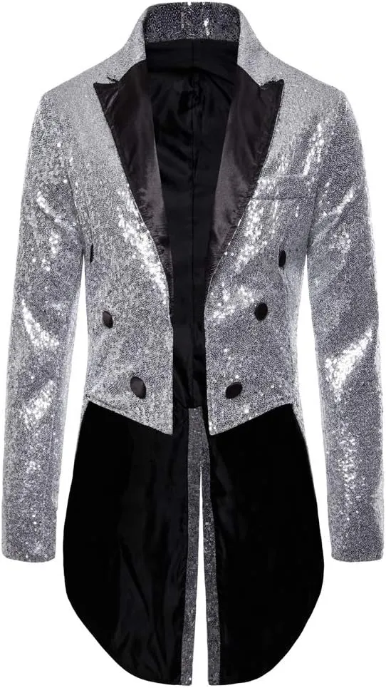 Mens Sequin Tuxedo Tailcoat Swallowtail Suit Jacket Dinner Party Wedding Blazer Slim Fit Show Tux Dress Coat