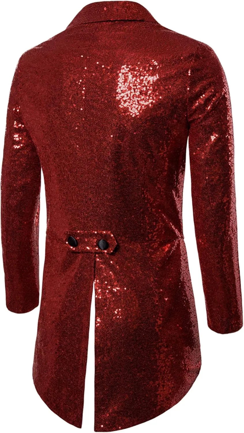 Mens Sequin Tuxedo Tailcoat Swallowtail Suit Jacket Dinner Party Wedding Blazer Slim Fit Show Tux Dress Coat