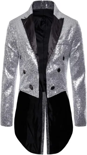 Mens Sequin Tuxedo Tailcoat Swallowtail Suit Jacket Dinner Party Wedding Blazer Slim Fit Show Tux Dress Coat