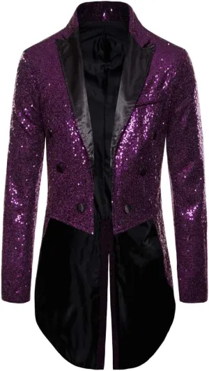 Mens Sequin Tuxedo Tailcoat Swallowtail Suit Jacket Dinner Party Wedding Blazer Slim Fit Show Tux Dress Coat