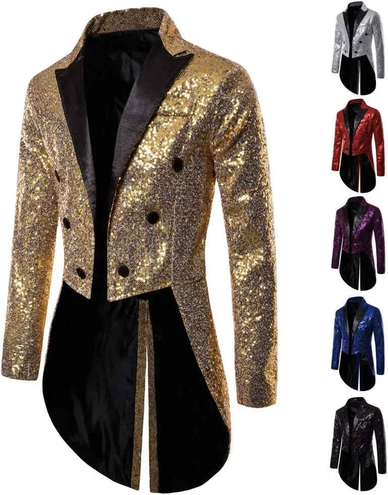 Mens Sequin Tuxedo Tailcoat Swallowtail Suit Jacket Dinner Party Wedding Blazer Slim Fit Show Tux Dress Coat