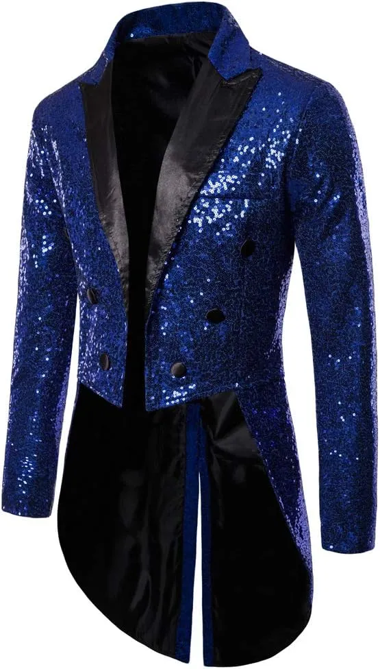 Mens Sequin Tuxedo Tailcoat Swallowtail Suit Jacket Dinner Party Wedding Blazer Slim Fit Show Tux Dress Coat