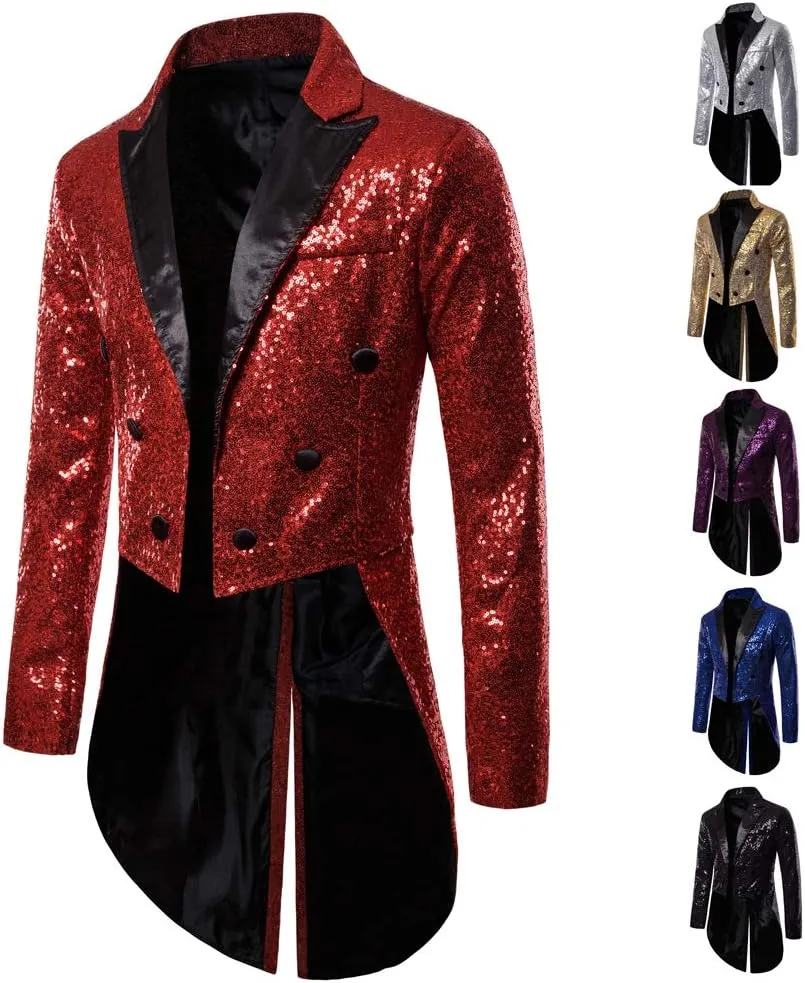 Mens Sequin Tuxedo Tailcoat Swallowtail Suit Jacket Dinner Party Wedding Blazer Slim Fit Show Tux Dress Coat