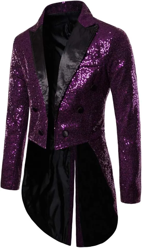 Mens Sequin Tuxedo Tailcoat Swallowtail Suit Jacket Dinner Party Wedding Blazer Slim Fit Show Tux Dress Coat