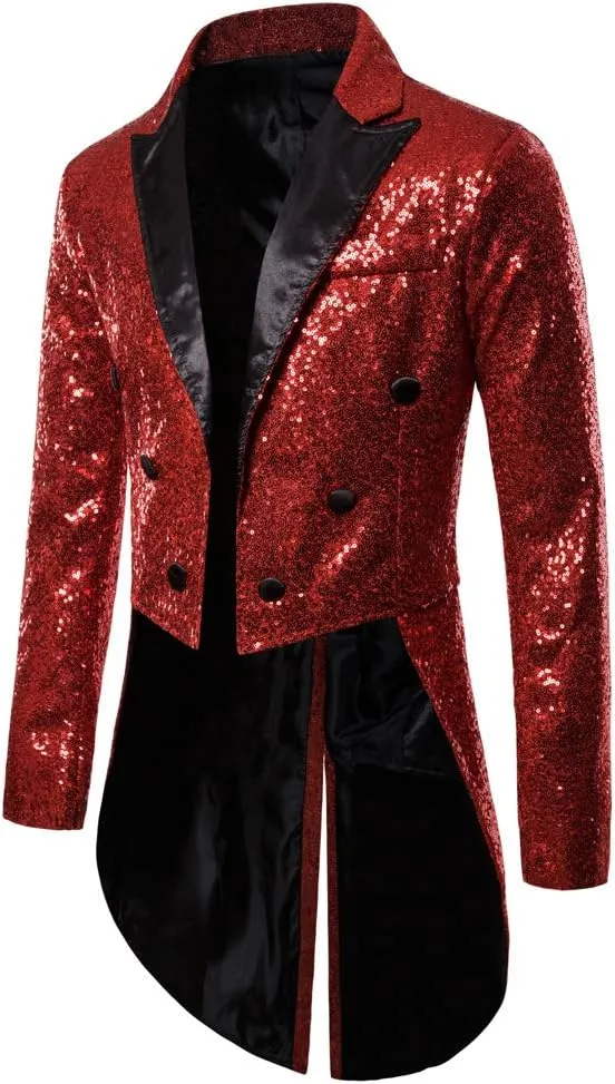 Mens Sequin Tuxedo Tailcoat Swallowtail Suit Jacket Dinner Party Wedding Blazer Slim Fit Show Tux Dress Coat