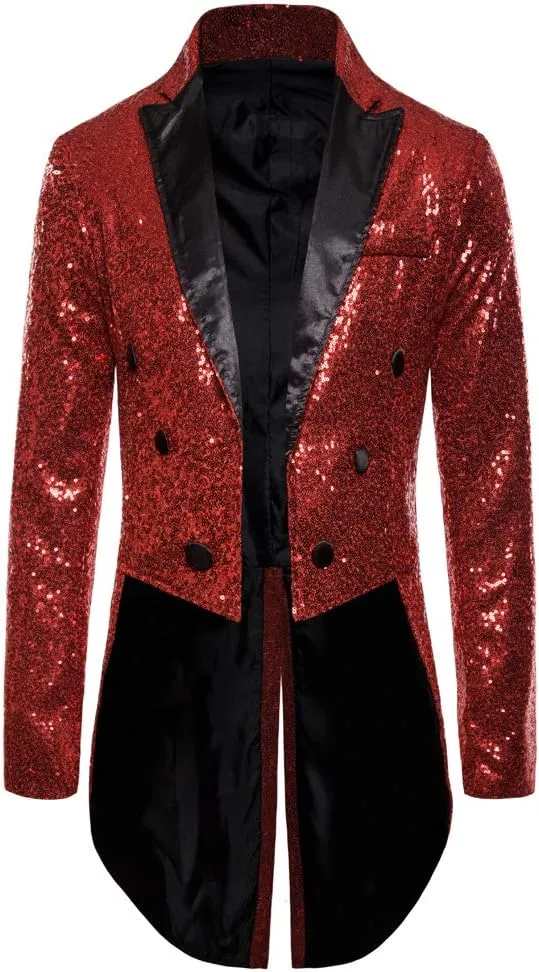 Mens Sequin Tuxedo Tailcoat Swallowtail Suit Jacket Dinner Party Wedding Blazer Slim Fit Show Tux Dress Coat