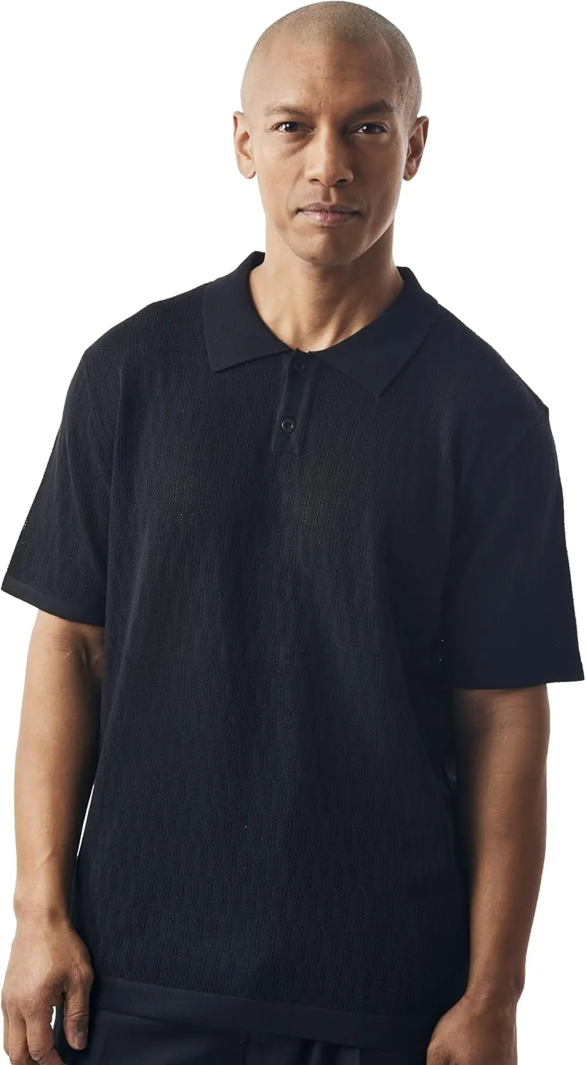 Mens Short Sleeve Knit Sports Shirt - Modern Polo Vintage Classics: Solid Cable Twist Jacquard Pattern