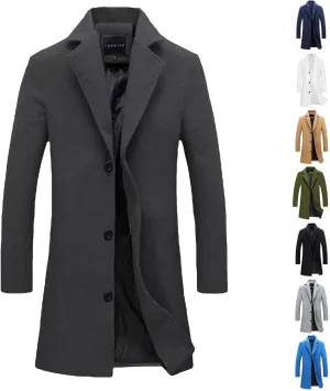 Mens Trench Coat Classic Notched Lapel Overcoat Winter Single Breasted Peacoat Warm Long Jacket Peacoat