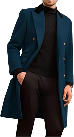 Men's Trench Coat Elegant Notched Lapel Peacoat Classic Single Breasted Overcoat Warm Long Jacket Peacoat