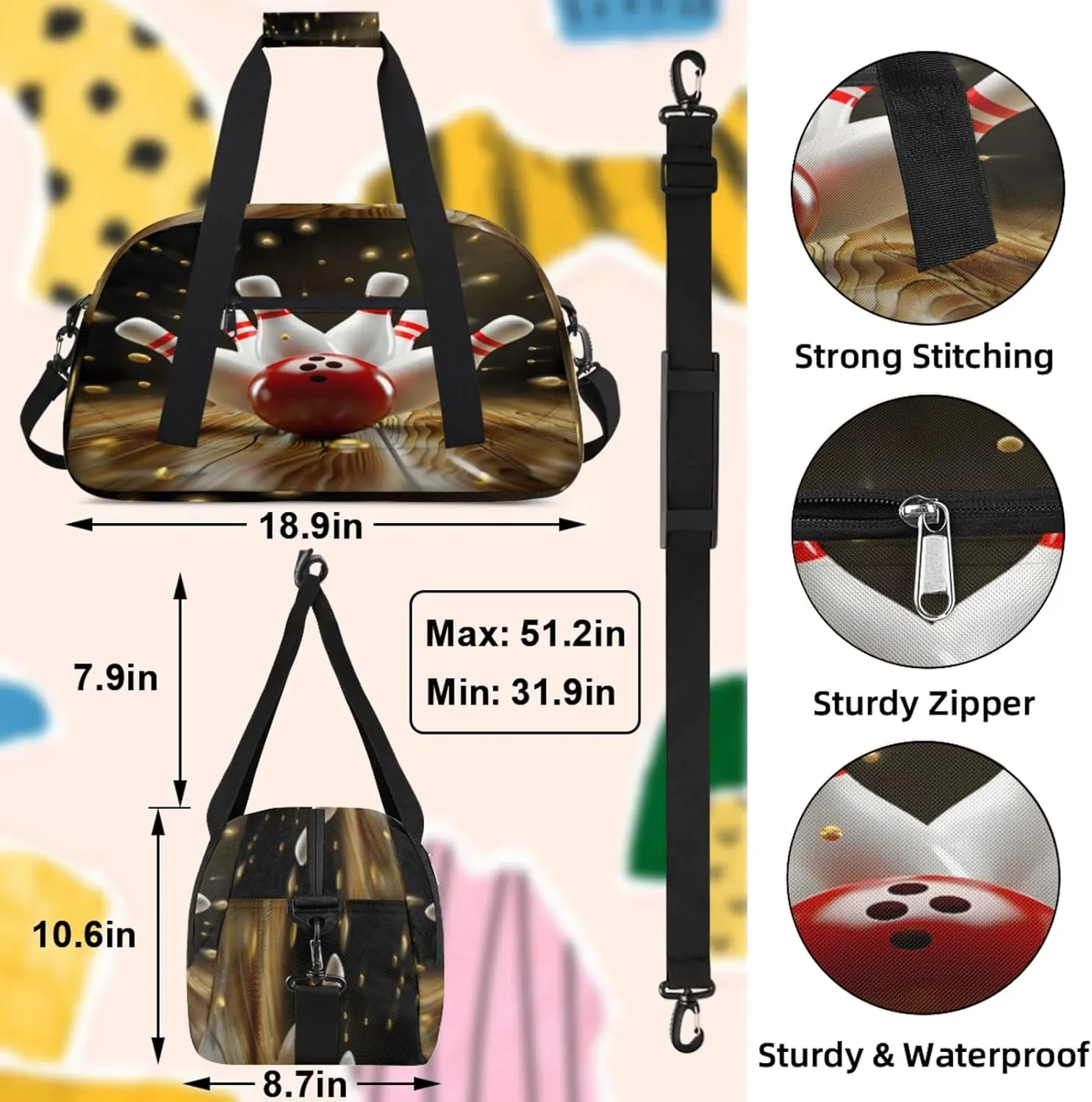 Modern Bowling Ball Small Gym Bag 18 inch Carry On Duffel Bag for Weekender Travel Sports Workout Yoga Gymnastics Dance Ballet