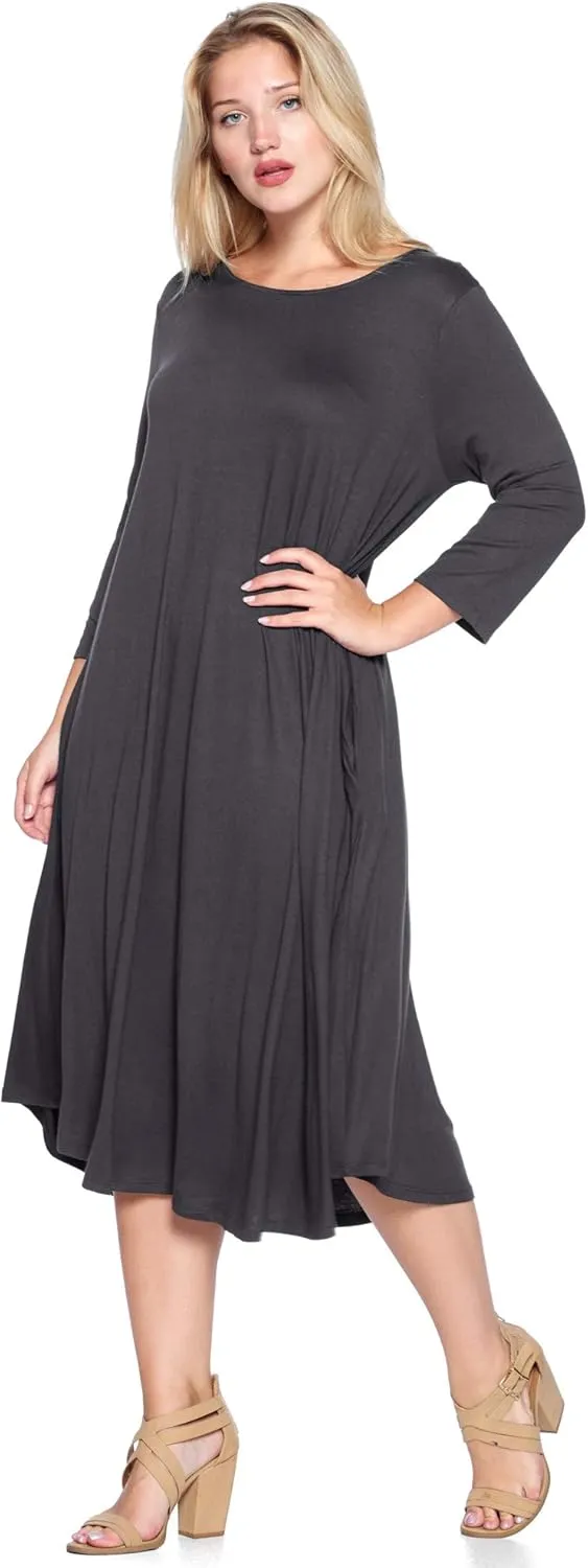 Modern Kiwi Women's Plus Size Solid 3/4 Sleeve Pocket Curve Hem Midi Maxi Dress (1X-4X) Made in USA