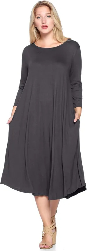 Modern Kiwi Women's Plus Size Solid 3/4 Sleeve Pocket Curve Hem Midi Maxi Dress (1X-4X) Made in USA