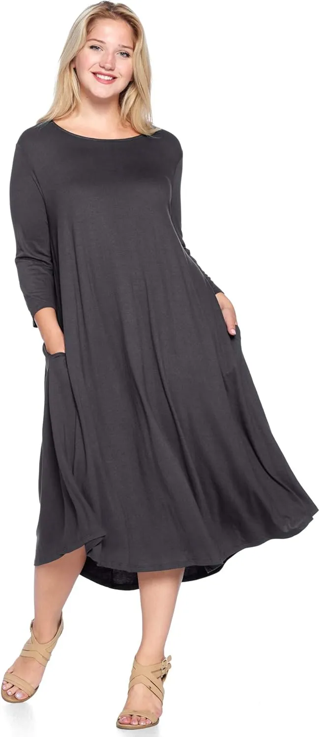 Modern Kiwi Women's Plus Size Solid 3/4 Sleeve Pocket Curve Hem Midi Maxi Dress (1X-4X) Made in USA