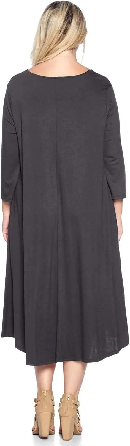 Modern Kiwi Women's Plus Size Solid 3/4 Sleeve Pocket Curve Hem Midi Maxi Dress (1X-4X) Made in USA